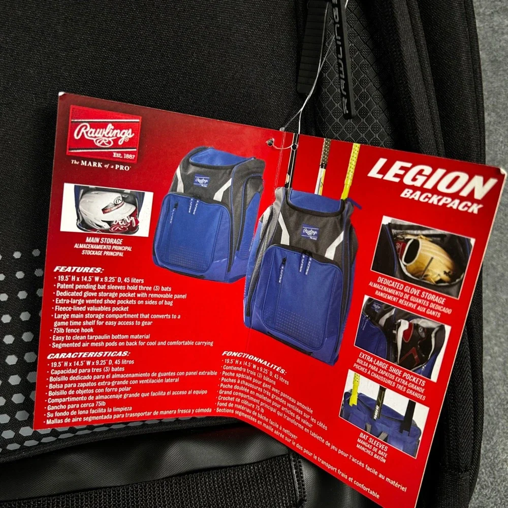 Rawlings Legion Baseball Softball Backpack Black 45L Bat Sleeves Shoe Pocket NEW